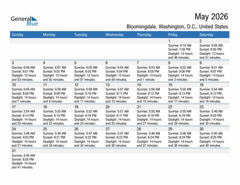 Bloomingdale May 2026 sunrise and sunset calendar in PDF, Excel, and Word