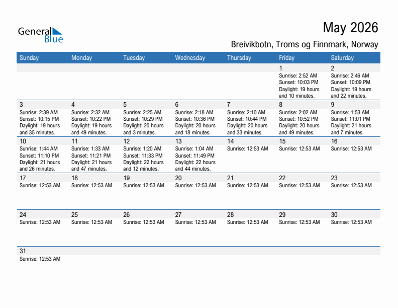 Breivikbotn May 2026 sunrise and sunset calendar in PDF, Excel, and Word