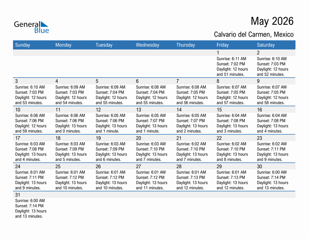 May 2026 sunrise and sunset calendar for Calvario del Carmen