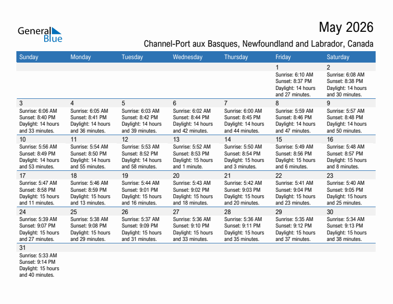 Channel-Port aux Basques May 2026 sunrise and sunset calendar in PDF, Excel, and Word