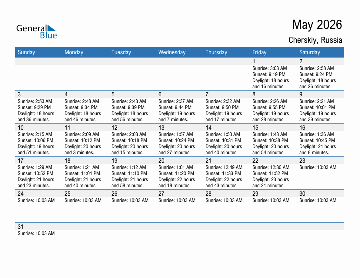 May 2026 sunrise and sunset calendar for Cherskiy
