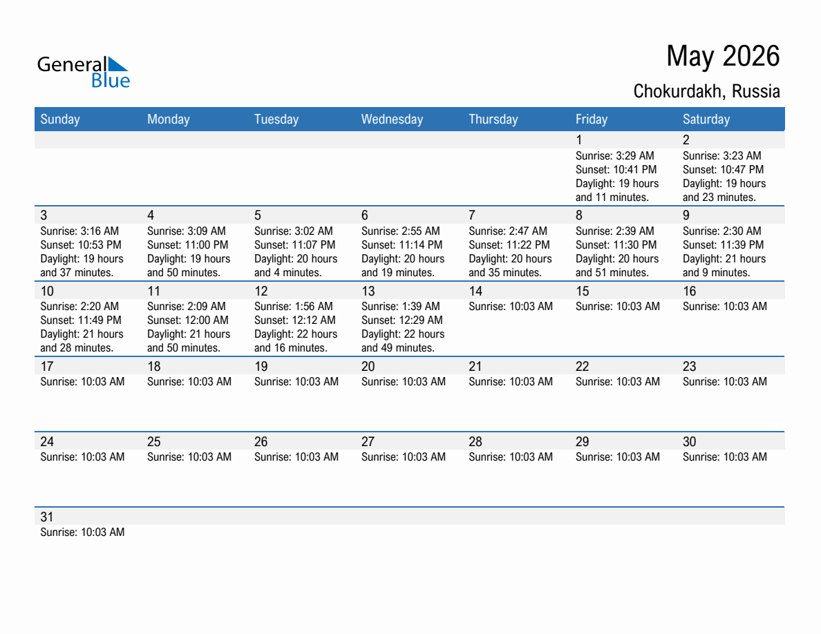 May 2026 sunrise and sunset calendar for Chokurdakh
