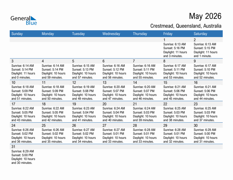 Crestmead May 2026 sunrise and sunset calendar in PDF, Excel, and Word