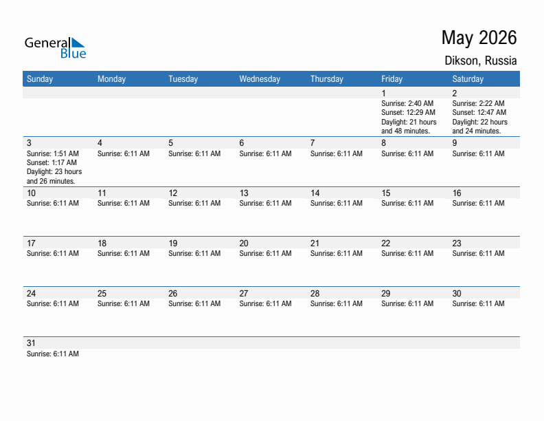Dikson May 2026 sunrise and sunset calendar in PDF, Excel, and Word