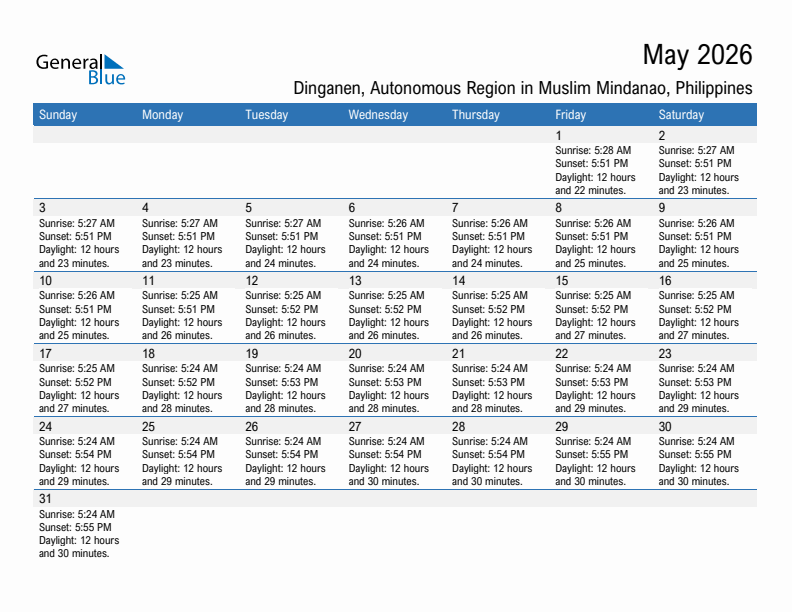 Dinganen May 2026 sunrise and sunset calendar in PDF, Excel, and Word