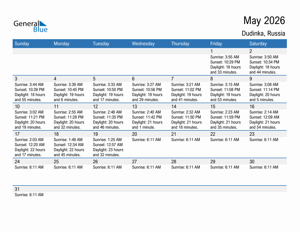May 2026 sunrise and sunset calendar for Dudinka