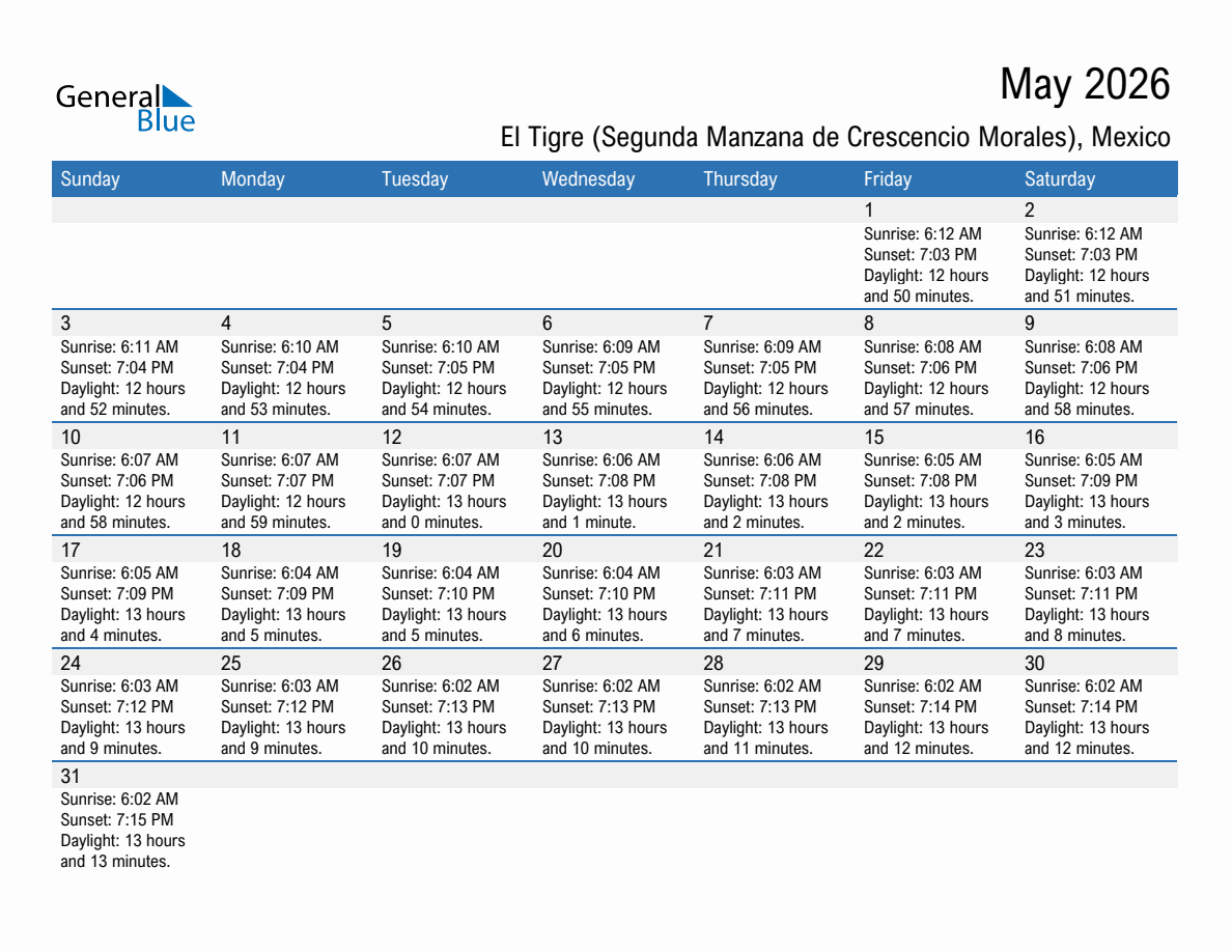 May 2026 sunrise and sunset calendar for El Tigre (Segunda Manzana de Crescencio Morales)