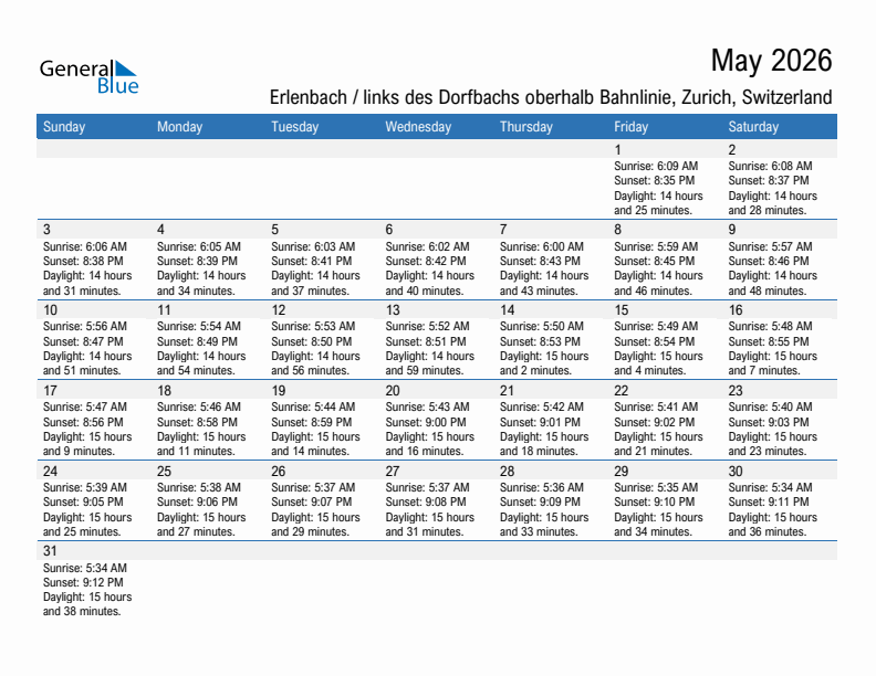 Erlenbach / links des Dorfbachs oberhalb Bahnlinie May 2026 sunrise and sunset calendar in PDF, Excel, and Word