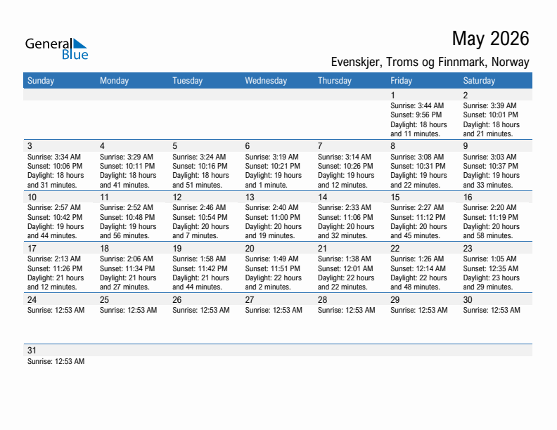 Evenskjer May 2026 sunrise and sunset calendar in PDF, Excel, and Word