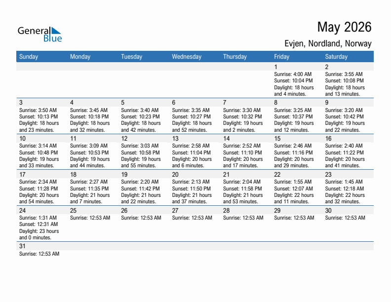 Evjen May 2026 sunrise and sunset calendar in PDF, Excel, and Word