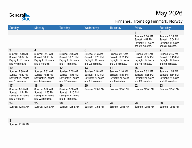 Finnsnes May 2026 sunrise and sunset calendar in PDF, Excel, and Word
