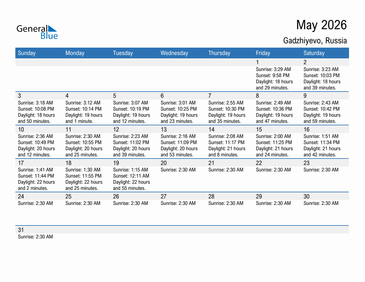 May 2026 sunrise and sunset calendar for Gadzhiyevo