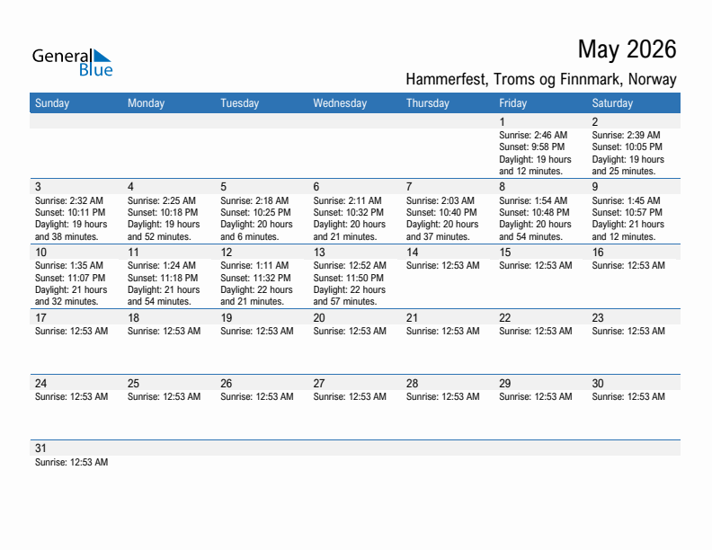 Hammerfest May 2026 sunrise and sunset calendar in PDF, Excel, and Word