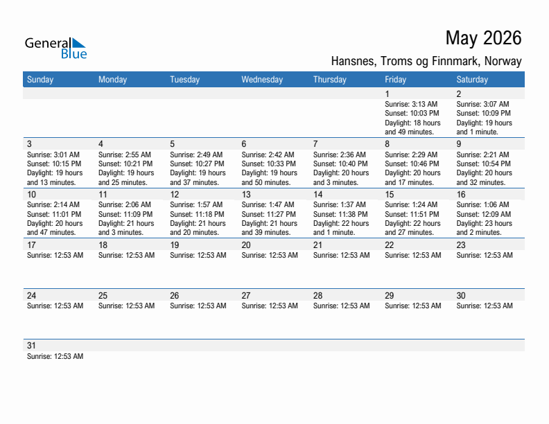 Hansnes May 2026 sunrise and sunset calendar in PDF, Excel, and Word