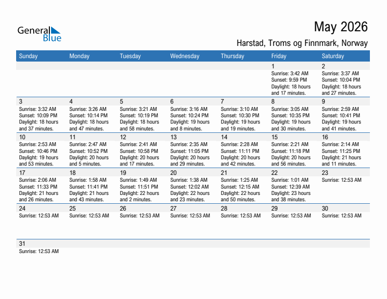 Harstad May 2026 sunrise and sunset calendar in PDF, Excel, and Word