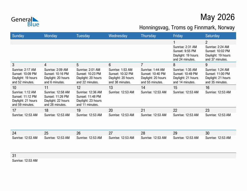Honningsvag May 2026 sunrise and sunset calendar in PDF, Excel, and Word