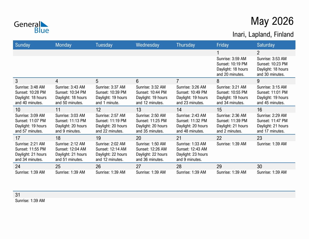 May 2026 sunrise and sunset calendar for Inari