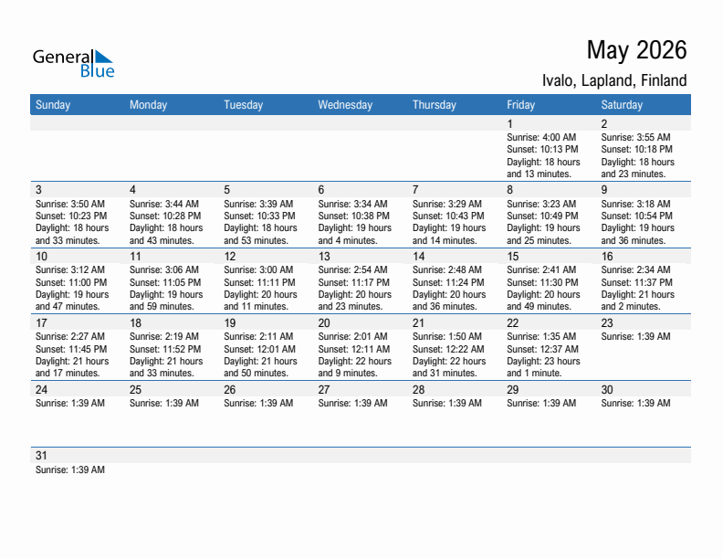 Ivalo May 2026 sunrise and sunset calendar in PDF, Excel, and Word
