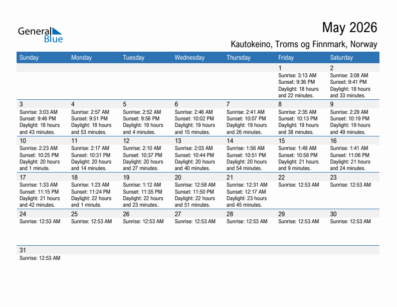 Kautokeino May 2026 sunrise and sunset calendar in PDF, Excel, and Word