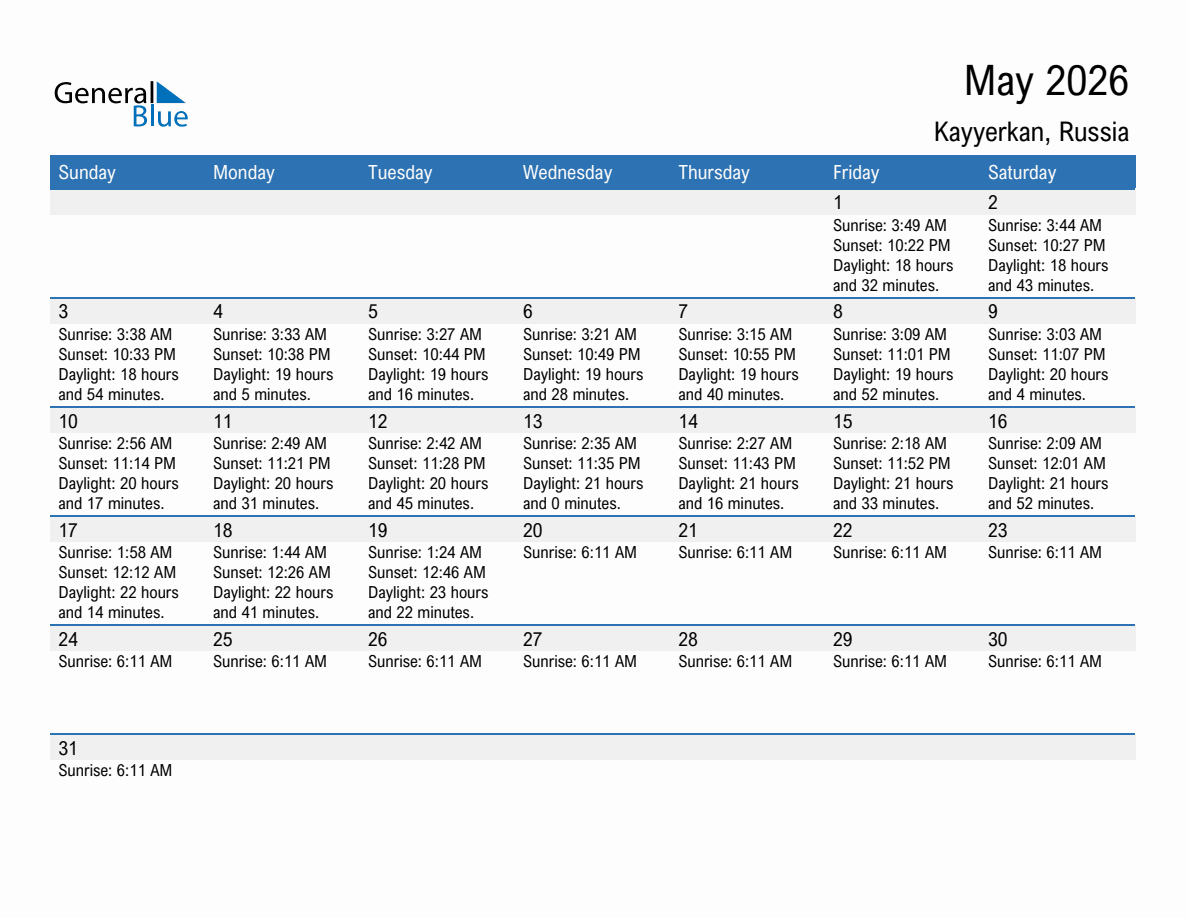 May 2026 sunrise and sunset calendar for Kayyerkan