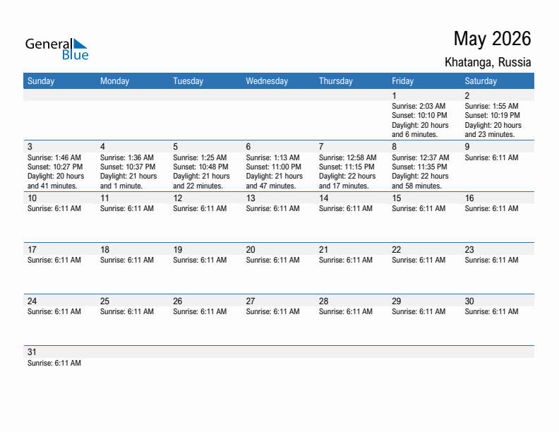 Khatanga May 2026 sunrise and sunset calendar in PDF, Excel, and Word