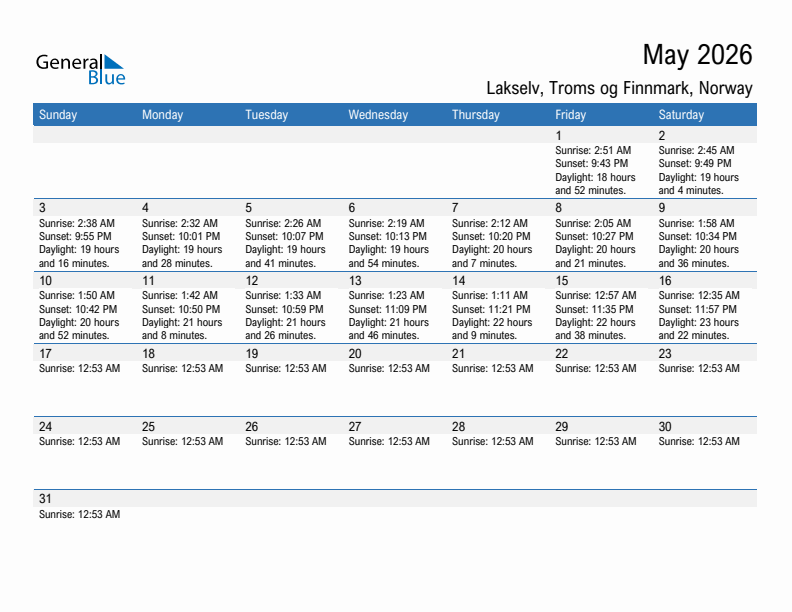 Lakselv May 2026 sunrise and sunset calendar in PDF, Excel, and Word