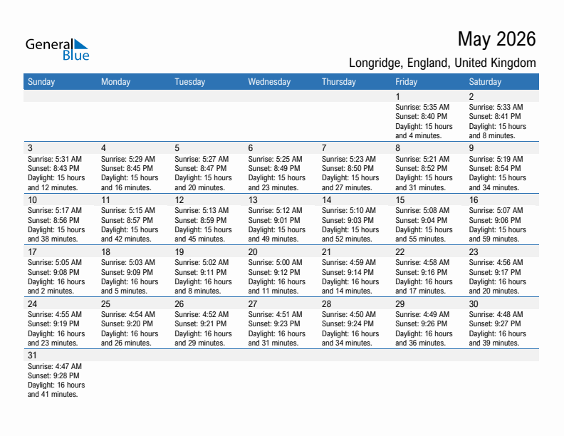 Longridge May 2026 sunrise and sunset calendar in PDF, Excel, and Word