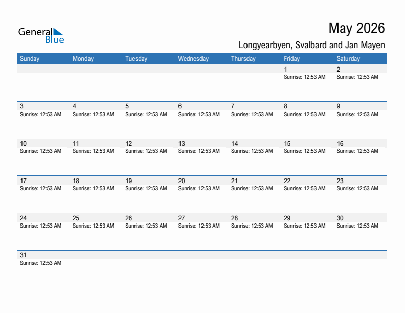 Longyearbyen May 2026 sunrise and sunset calendar in PDF, Excel, and Word
