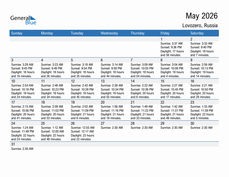 Lovozero May 2026 sunrise and sunset calendar in PDF, Excel, and Word