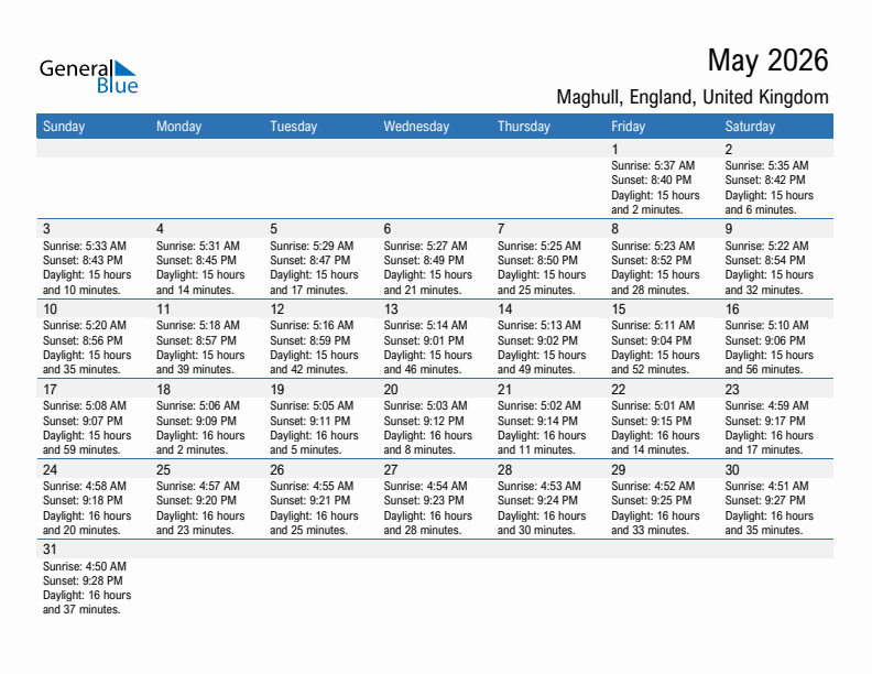 Maghull May 2026 sunrise and sunset calendar in PDF, Excel, and Word