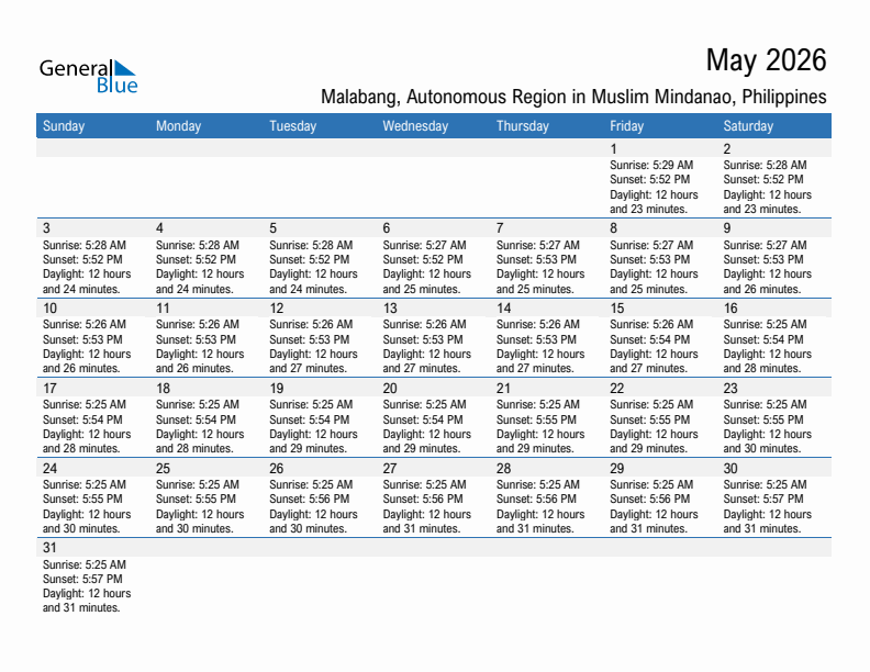 Malabang May 2026 sunrise and sunset calendar in PDF, Excel, and Word