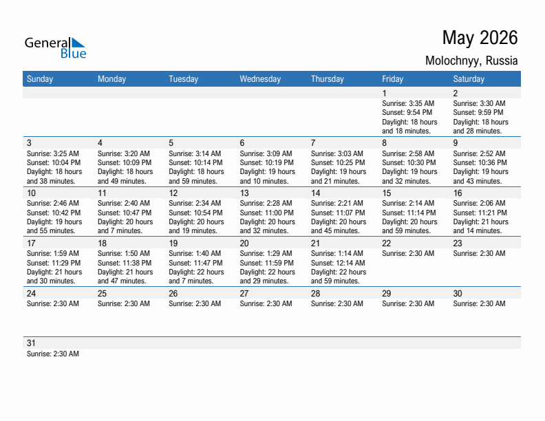Molochnyy May 2026 sunrise and sunset calendar in PDF, Excel, and Word