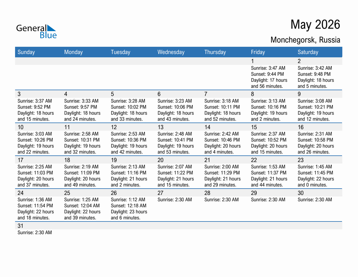 May 2026 sunrise and sunset calendar for Monchegorsk