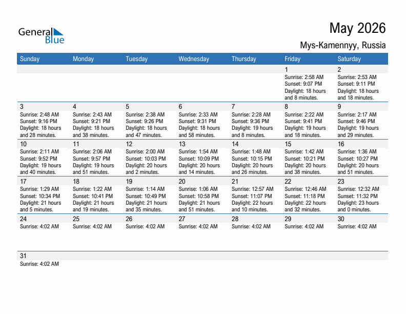 Mys-Kamennyy May 2026 sunrise and sunset calendar in PDF, Excel, and Word