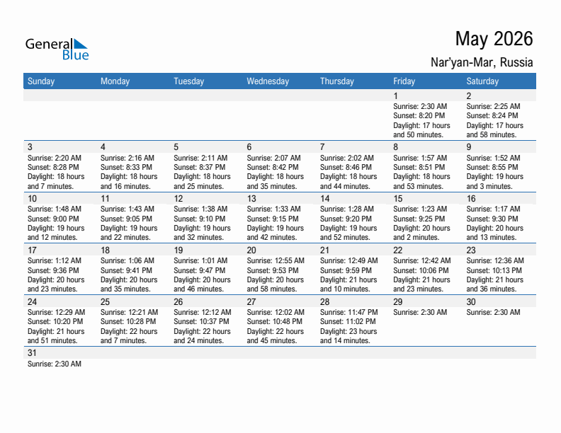 Nar'yan-Mar May 2026 sunrise and sunset calendar in PDF, Excel, and Word