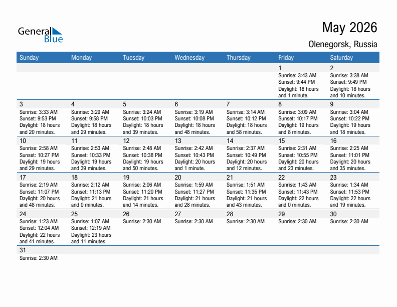 Olenegorsk May 2026 sunrise and sunset calendar in PDF, Excel, and Word