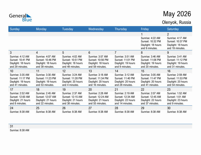 Olenyok May 2026 sunrise and sunset calendar in PDF, Excel, and Word