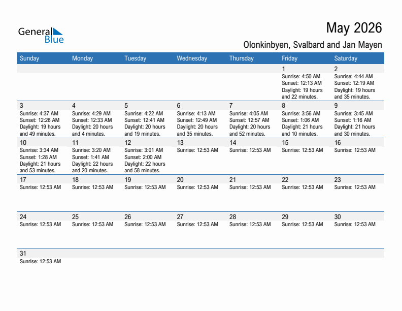 Olonkinbyen May 2026 sunrise and sunset calendar in PDF, Excel, and Word