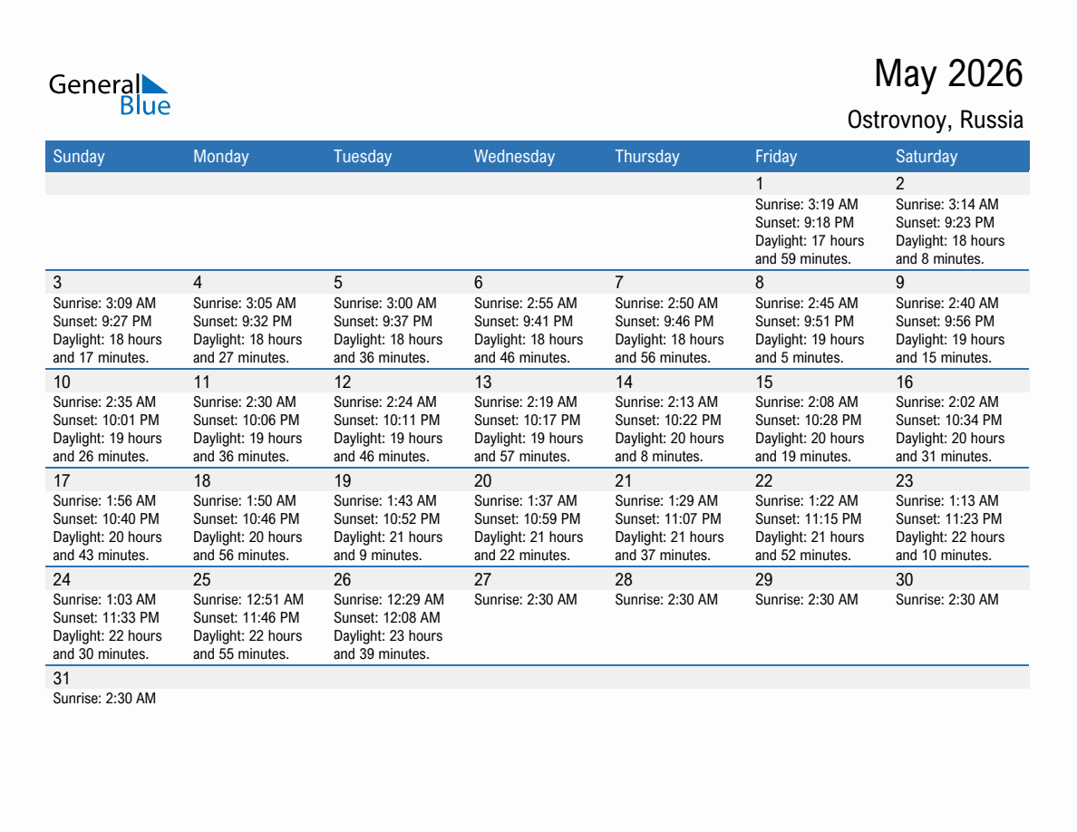 May 2026 sunrise and sunset calendar for Ostrovnoy