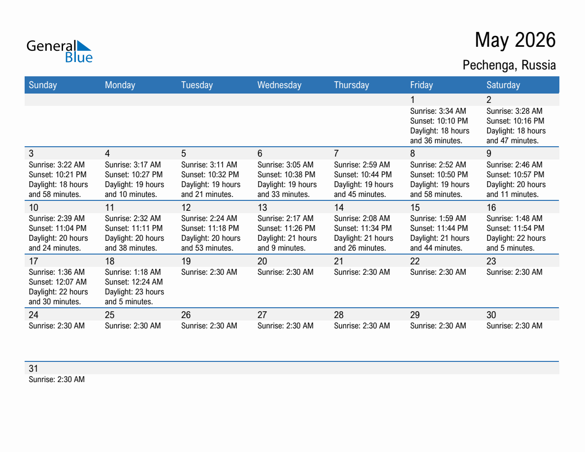 May 2026 sunrise and sunset calendar for Pechenga