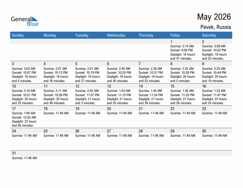 Pevek May 2026 sunrise and sunset calendar in PDF, Excel, and Word