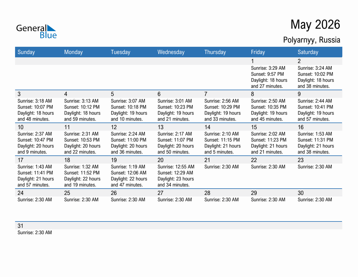 May 2026 sunrise and sunset calendar for Polyarnyy