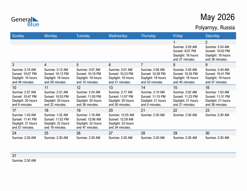 Polyarnyy May 2026 sunrise and sunset calendar in PDF, Excel, and Word