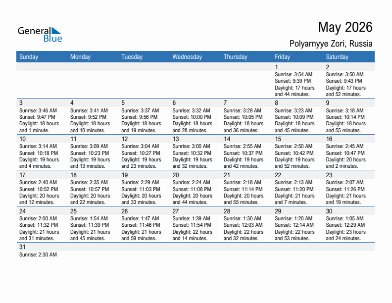 Polyarnyye Zori May 2026 sunrise and sunset calendar in PDF, Excel, and Word