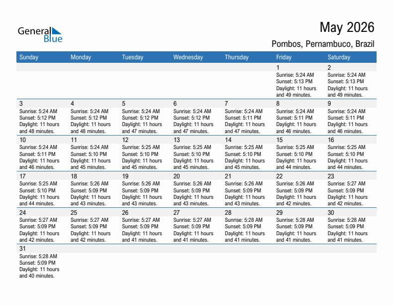 Pombos May 2026 sunrise and sunset calendar in PDF, Excel, and Word