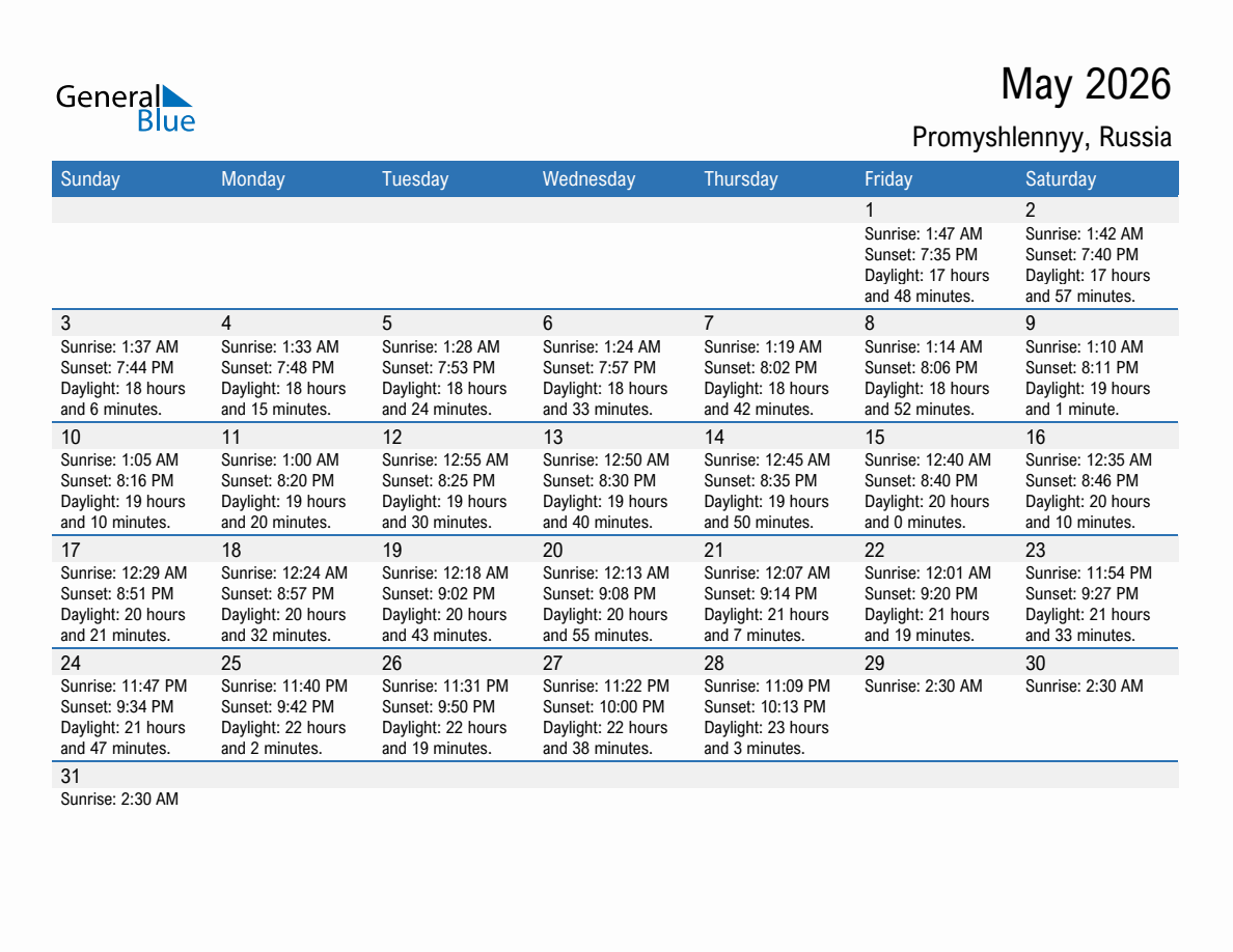 May 2026 sunrise and sunset calendar for Promyshlennyy