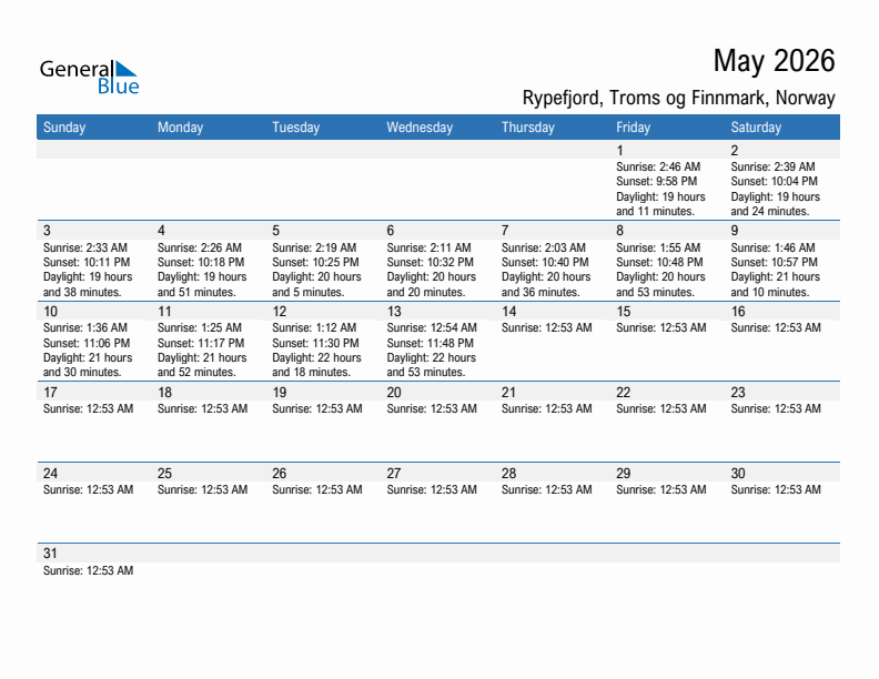 Rypefjord May 2026 sunrise and sunset calendar in PDF, Excel, and Word