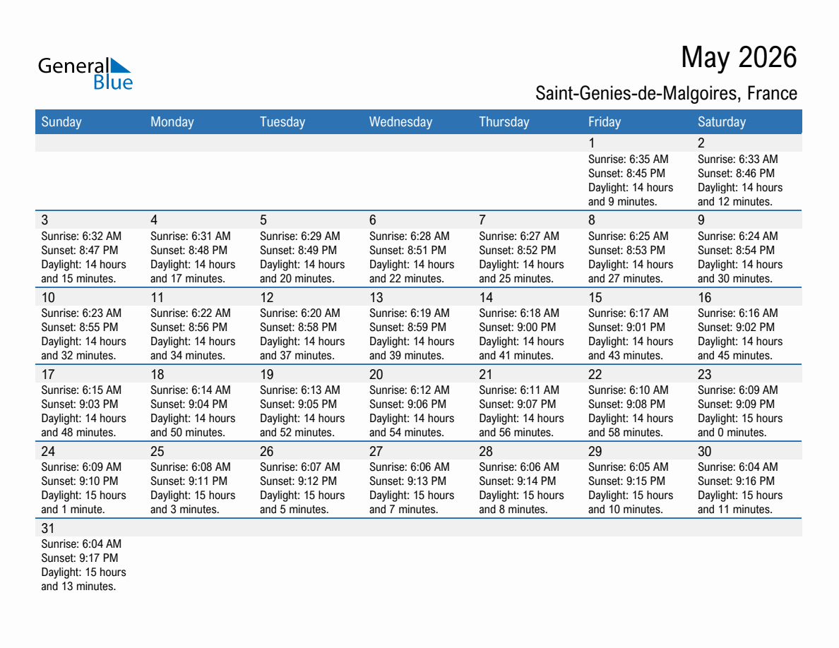 May 2026 sunrise and sunset calendar for Saint-Genies-de-Malgoires