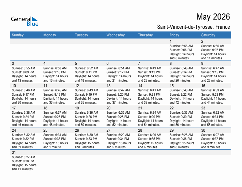 Saint-Vincent-de-Tyrosse May 2026 sunrise and sunset calendar in PDF, Excel, and Word