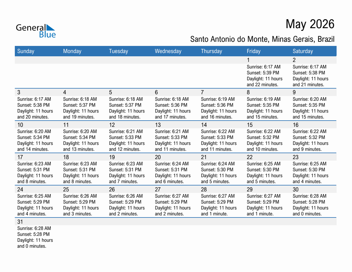 May 2026 sunrise and sunset calendar for Santo Antonio do Monte